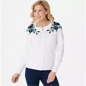 Bob Mackie White Cardigan with Black and Teal/Green Sequin Embroidery-size L